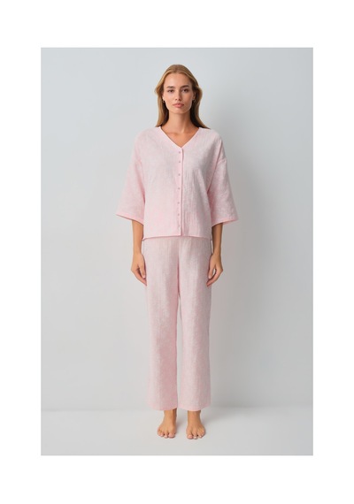 Suwen Cindy Pamuklu Hamile Lohusa Gömlek Yaka Pijama Takımı Wsh10510183334 Pembe