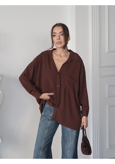 Paw Garage Kadın Perla Kahverengi Tek Cepli Oversize Gömlek, Yazlık Geniş Kalıp Gömlek, Ayrobin Gömlek Kahverengi