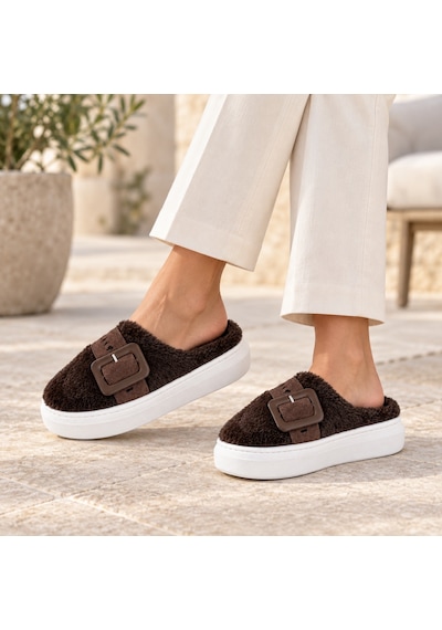 Erma Soft Buckle Kadın Peluş Tokalı Kapalı Burun Platform Terlik Kahverengi