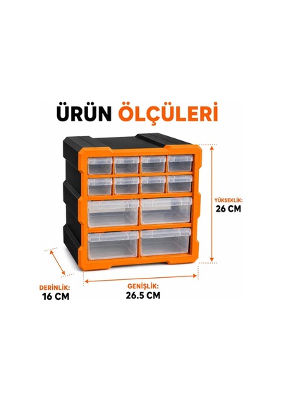 12 Çekmeceli Dikey Organizer Kutu, Vida Dübel Somun Civata Hırdavat Düzenleyici, Şeffaf Çekmeceli Küçük Parça Genel