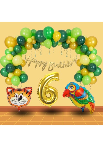 6 Yaş Pompa Hediyeli Safari Tema Folyo Kaplan Papağan Gold Rakam Yeşil Sarı Gold Balon Doğum Günü Süsü Çok Renkli