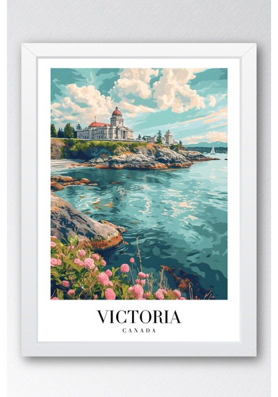 Victoria Canada Vintage Seyahat Posteri Çerçeveli Tablo - Premium Parlamento Elit Duvar Dekoru Beyaz