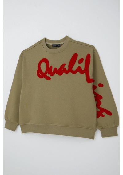 Locoloco Kız Çocuk Sweatshirt Kabartma Yazı Baskılı 9-14 Yaş, Haki Yeşil Haki Yeşil