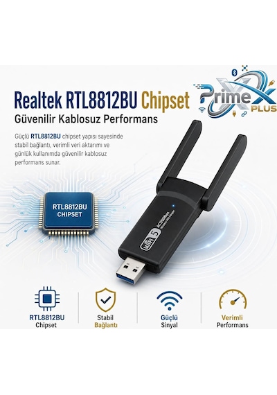 Primex Px-ac1200 Usb 3.0 Wifi Adaptör, Realtek Rtl8812bu, Ac1200/ac1300 Dual Band 2.4g-5g, 802.11ac Kablosuz Ağ Alıcı, Pc Laptop Masaüstü İçin Wireless Usb Dongle