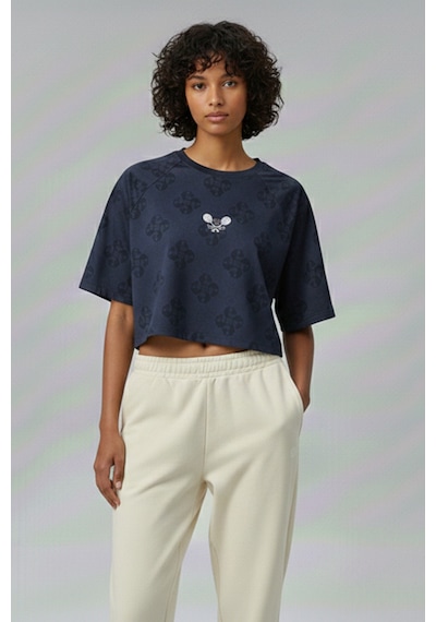 Soft&Basic Kadın 2'li Nakışlı %100 Organik Pamuk Bisiklet Yaka Kısa Crop T-shirt Lacivert-lacivert