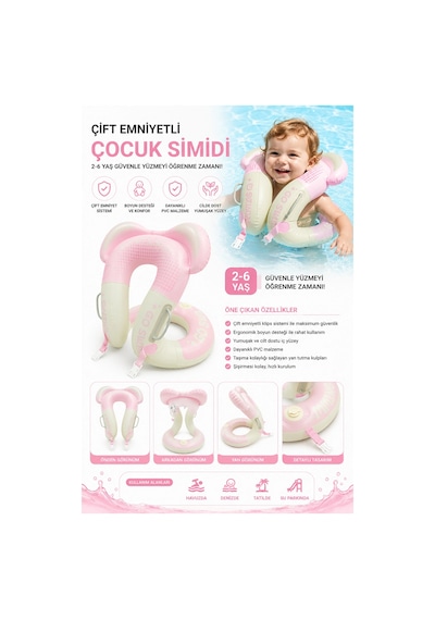 Toyflyer Boyun Destekli Çocuk Yüzme Simidi Kendinden Pompalı Pembe 2-6 Yaş