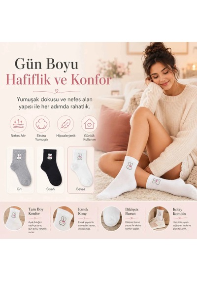 Çorap Giyim Kadın Tavşan Desenli Kısa Konç Çorap 3 Lü Paket, %80 Pamuklu Dikişsiz Burun, Nefes Alan Yumuşak Bilek Çorabı, Gri Siyah Beyaz Çok Renkli Çorap Giyim Kadın Tavşan Desenli Kısa Konç Çorap 3 Lü Paket, %80 Pamuklu Dikişsiz Burun, Nefes Alan Yumuşak Bilek Çorabı, Gri Siyah Beyaz Çok Renkli