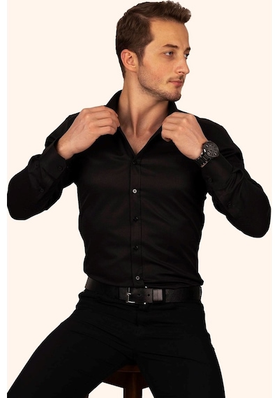Siyah Armür Desenli Slimfit Erkek Gömlek Siyah Siyah Armür Desenli Slimfit Erkek Gömlek Siyah