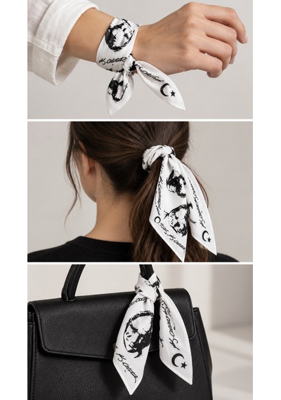 Herşeynota Atatürk Silüetli Ay Yıldız Beyaz %100 Pamuk 52x52 Cm Fular Bandana Okul, Etkinlik, Tören, Gösteri Çok Renkli