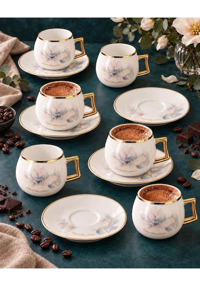 Valkyrie Magnolia Serisi 12 Parça 6 Kişilik 100 Ml Gold Çiçek Desenli Türk Kahvesi Fincan Takımı Beyaz Altın