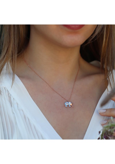 Açık Mavi Mine İşli Rose Gold Kaplama Bereket Fili Gümüş Kolye Gümüş