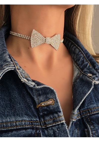 Papyon Model Rhinestone Choker Tasma Model Gümüş Renk Kolye Silver Çok Renkli