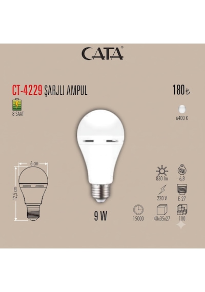 Şarjlı Led Ampul 9w 6400k Beyaz Işık