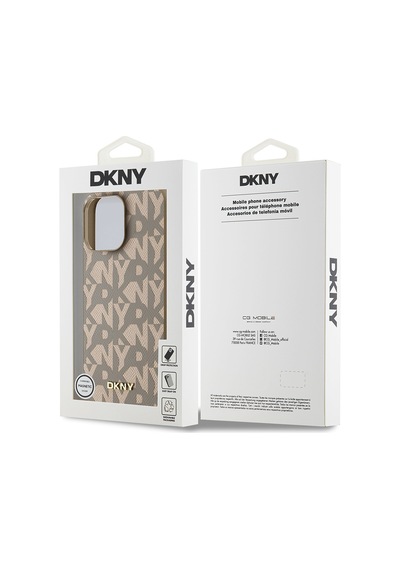Apple Uyumlu iPhone 15 Pro Max Kılıf Dkny Lisanslı M-safe Şarj Özellikli 3d Yazılı Grid Pattern Kapak Kahverengi