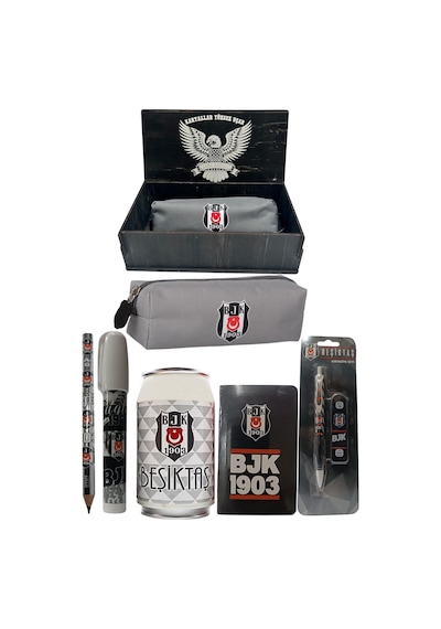 Beşiktaş Orjinal Lisanslı Beyaz Kutu Kalemtraş Ahşap Kutulu 6'lı Kırtasiye Seti Kırmızı Siyah Sarı