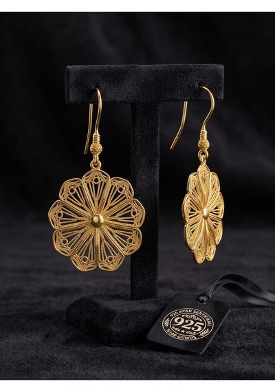 925 Ayar Geleneksel Telkari El İşçiliği Gold Papatya Motifli Sallantılı Kanca Gümüş Küpe