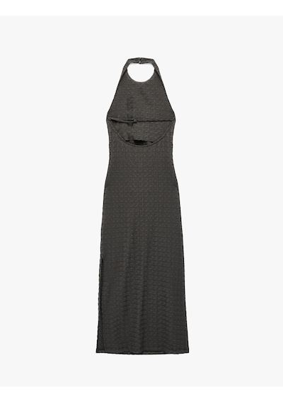 Koton Bürümcük Kumaş Dokulu Slim Fit Sırt Detaylı Halter Yaka Midi Elbise Antrasit 6sak80286ek