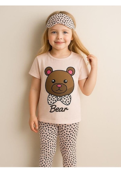 Kız Çocuk Pamuklu Kısa Kol Ayıcık Desenli Pijama Takımı Uyku Bandı Dahil -16055 Pembe