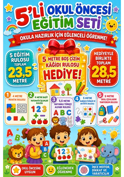 Haydi Dekor 5 Li Okul Öncesi Eğitim Rulosu Seti + 5 Metre Hediye Boş Çizim Rulosu Toplam 28,5 Metre Mantık, Matematik, Hayvanlı Türkçe Alfabe, Okul Eşyaları Ve Karışık Etkinlik Seti 1 Paket Haydi Dekor 5 Li Okul Öncesi Eğitim Rulosu Seti + 5 Metre Hediye Boş Çizim Rulosu Toplam 28,5 Metre Mantık, Matematik, Hayvanlı Türkçe Alfabe, Okul Eşyaları Ve Karışık Etkinlik Seti 1 Paket
