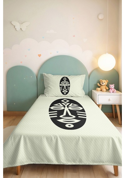 Etnik Minimal Krem Genç Odası Tek Kişilik Pike Takımı - Siyah Geometrik 160x220 Cm Yatak Örtüsü Ilık Yaprak Parıltısı