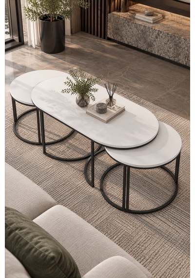 Sulorahome Beyaz Oval Sehpa Seti 3'lü Orta Sehpa Zigon Ve Yan Sehpa Kombinasyonu