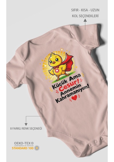 Morivokids Küçük Ama Cesur Annemin Kahramanıyım Kısa Kollu Bebek Body %100 Pamuk Pastel Pembe