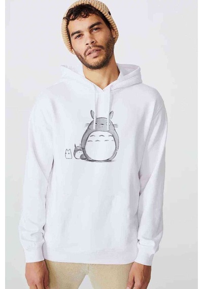 Komşum Totoro Baskılı Beyaz Erkek Örme Kapşonlu Sweatshirt (534796888)