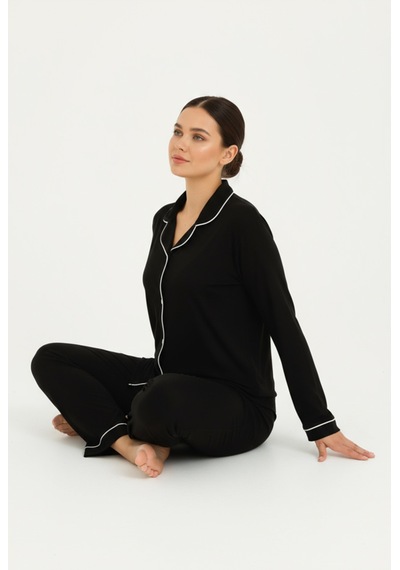 Bravie Luxury Viscose Siyah Beyaz Biyeli Kadın Uzun Kollu Büyük Beden Pijama Takımı 42501 Siyah
