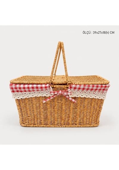 Tr Hasır Piknik Sepeti, Kırmızı Ekoseli Ve Dantelli Kapaklı Taşıma Sepeti, 39x27x18 Cm Ahşap Görünümlü Pikni Diğer