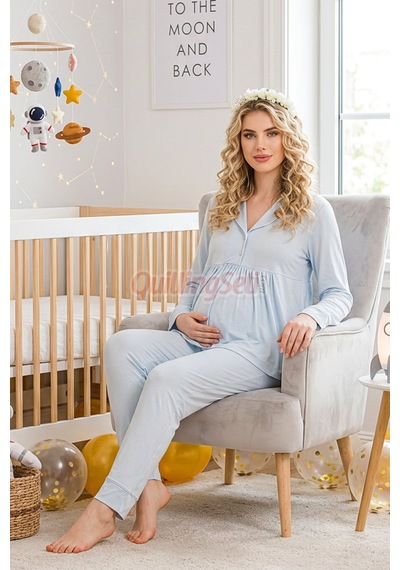 Lady Bebe Mavi Renkli Kol Ve Paçaları Manşetli, 33202 Uzun Kol, 2 Parça Lohusa Hamile Pijama Takımı Açık Mavi