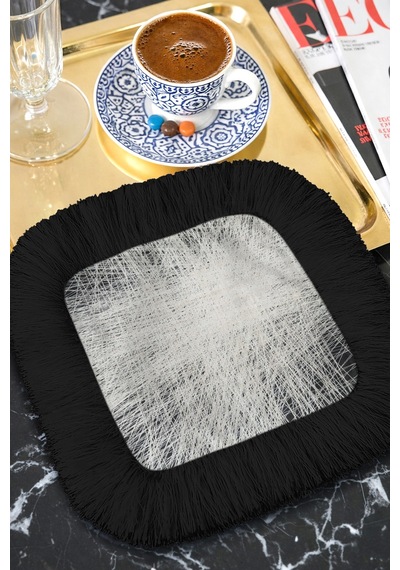 Lüks Modern Art Saçaklı Sunum Peçetesi - Geometrik Minimalist Siyah Gümüş Bardak Altlığı Mendil Çok Renkli