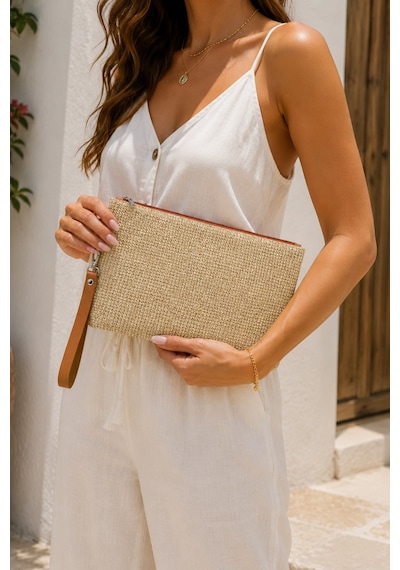 Adelina Bags Hasır Portföy El Çantası Bilek Askılı Saten Astarlı Hasır Görünümlü Clutch Çanta