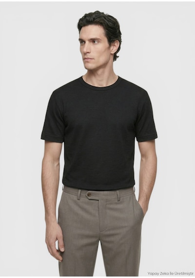 Ramsey Siyah Düz %100 Keten T-shirt