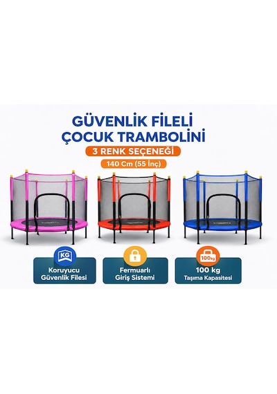Çocuklar İçin Fileli Fermuarlı Çocuk Tranbolini Güvenlik Filesi Ev Açık Alan Kullanıma Uygun Oyun Alanı Çelik Yaylı Trambolin