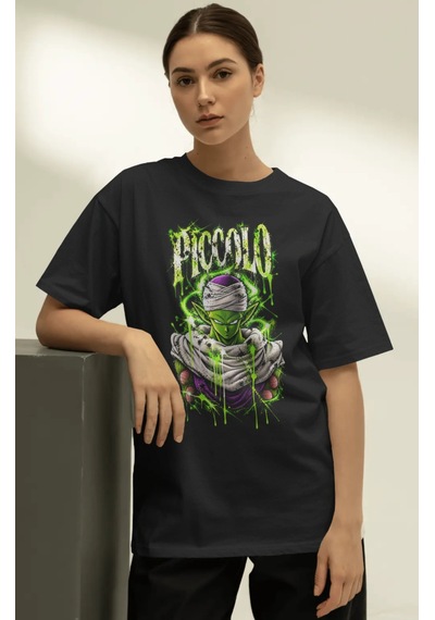 Unisex Oversize Piccolo Dragon Ball Anime Karakter Ön Baskılı Pre Siyah