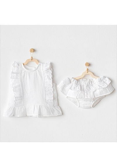 Andywawa Kız Bebek Takım 2 Parça Set Muslin Home Ac25888 Beyaz