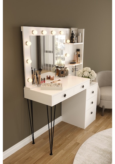 Df02121 Led Işıklı Aynalı Makyaj Masası Raflı Çekmeceli Beyaz Hollywood Model Makyaj Organizer