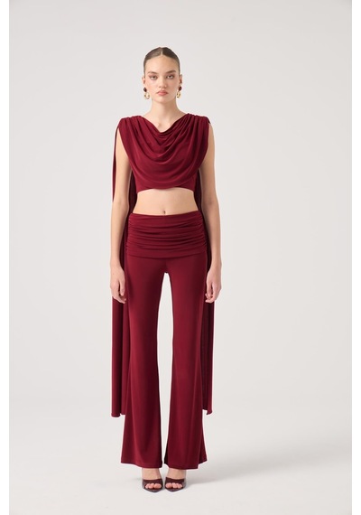 Holly Lolly Şal Detaylı Bluz Ve İspanyol Pantolonlu Finley Takım Bordo