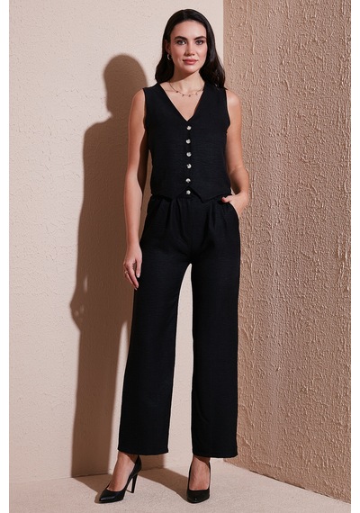 Lela Regular Fit Bol Paça Yelekli Bayan Takım 67045162S4 Siyah