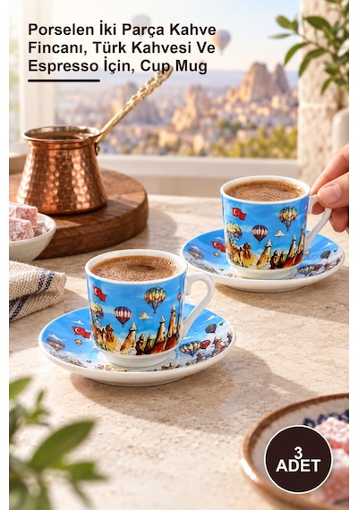 3 Adet Yöresel İkili Fincan Seti Porselen İki Parça Kahve Fincanı, Türk Kahvesi Ve Espresso İçin, Cup Mug Diğer
