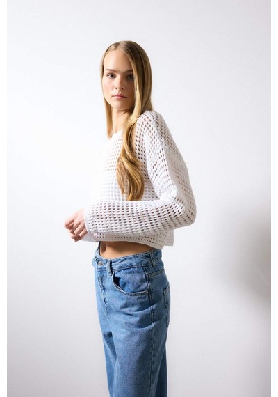 Defacto Regular Fit Bisiklet Yaka Kroşe Ajurlu Delikli Crop Triko Kazak T4513AZ24AUER103 Ekru