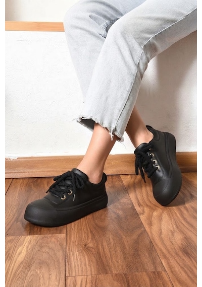 Shoetek Alyona Kadın Sneakers Halat Bağcıklı Spor Ayakkabı Siyah Deri