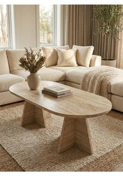 Modern Oval Orta Sehpa Traverten