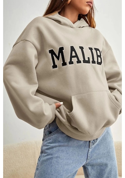 Uyguntarz Unisex Malıbu Baskılı Oversize Sweatshirt Bej