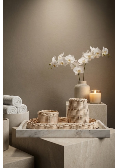 Rattan Banyo Organizer Seti Mermer Tepsi + Hasır Sepet 3'lü Set Krem