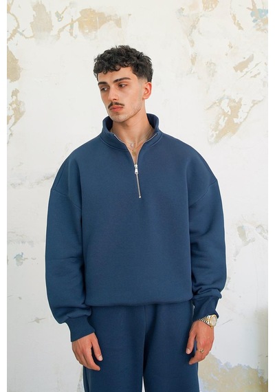 Lacivert Cozy Basic Yarım Fermuar Oversize Sweatshirt Lacivert