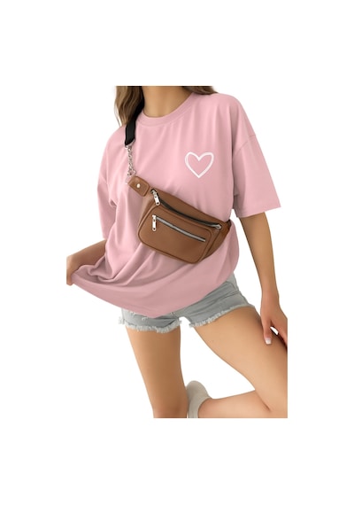 Kalp Baskılı Unisex Oversize Tişört Pembe