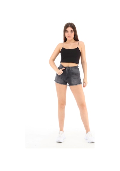 Cedy Denim Kadın Yüksek Bel Yırtlıklı Ve Yıpratmalı Paçası Püsküllü Kot Şort Mini Jean Şort C603 Antrasit
