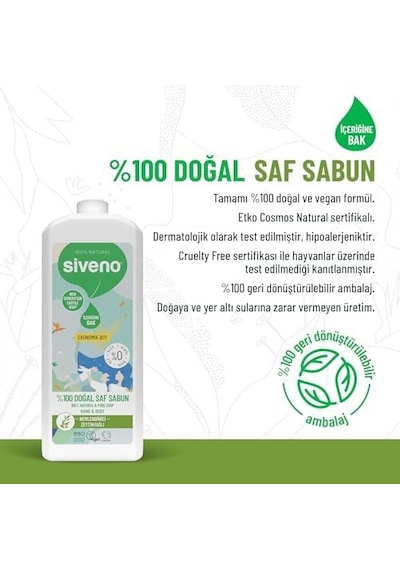 Siveno%100 Doğal Sıvı Kastil Sabun Zeytinyağlı Yoğun Nemlendirici Arındırıcı Bitkisel Vegan 1000 Ml