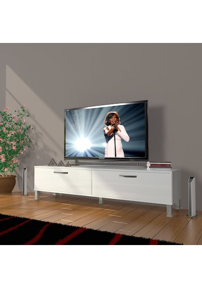 Decoraktiv Eko 140 Slm Std Krom Ayaklı Tv Ünitesi Tv Sehpası - Parlak Beyaz Parlak Beyaz